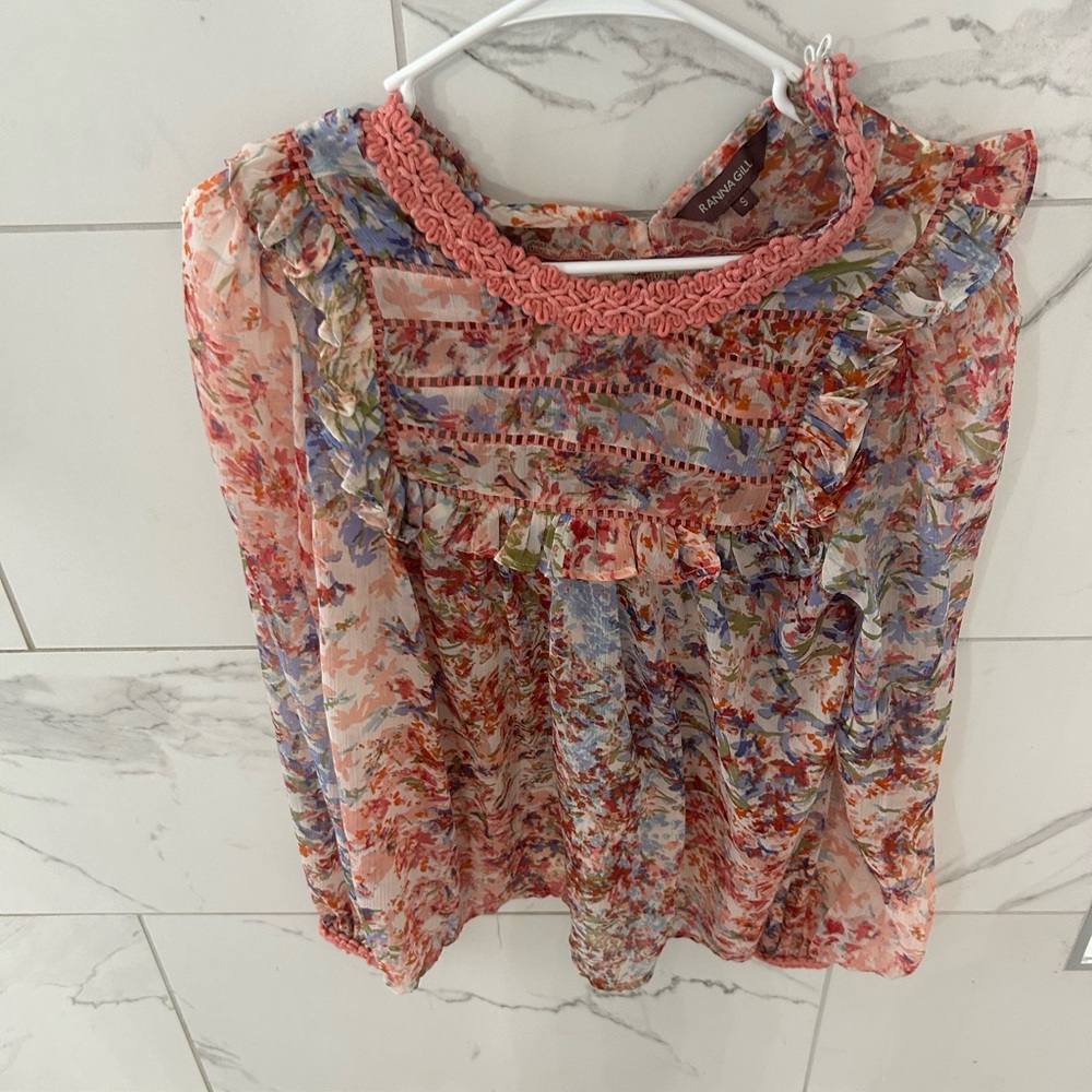 RANNA GILL S pink blue floral l/s ruffle semi sheer crochet trim Anthropologie